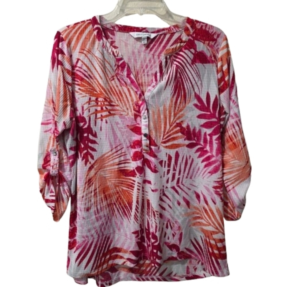 Vibrant Leaf Print Blouse - Pink and Orange